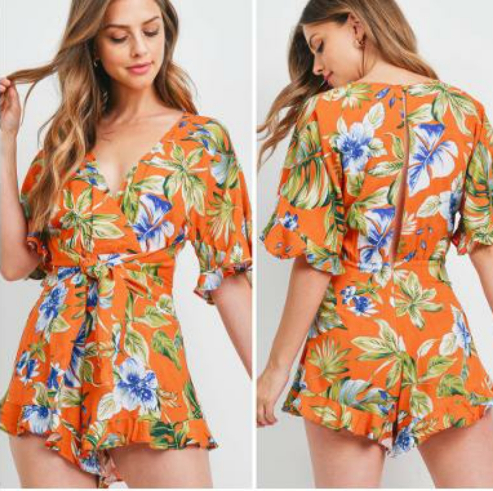 SKYLAR + MADISON Vibrant Rust Tropical Romper